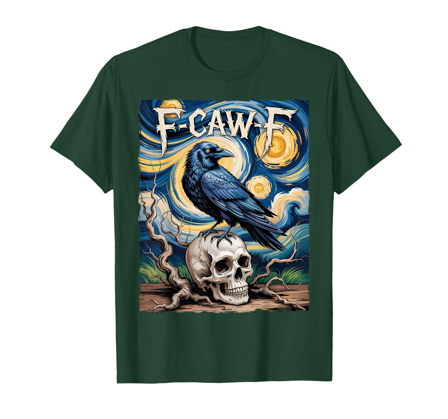 Starry Night Halloween Black Crow Skull Raven F Caw F Humor T-Shirt