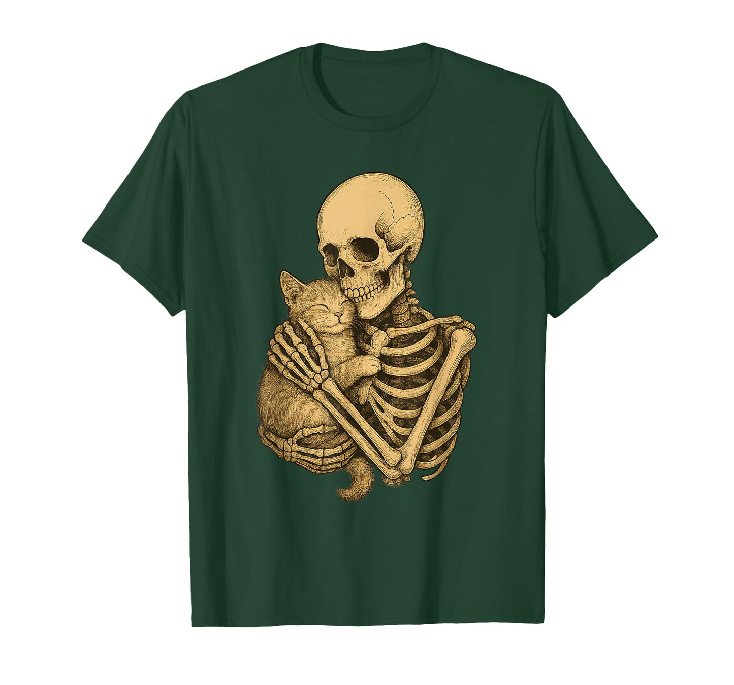 Spooky Halloween Cute Cat Hugging Skeleton T-Shirt