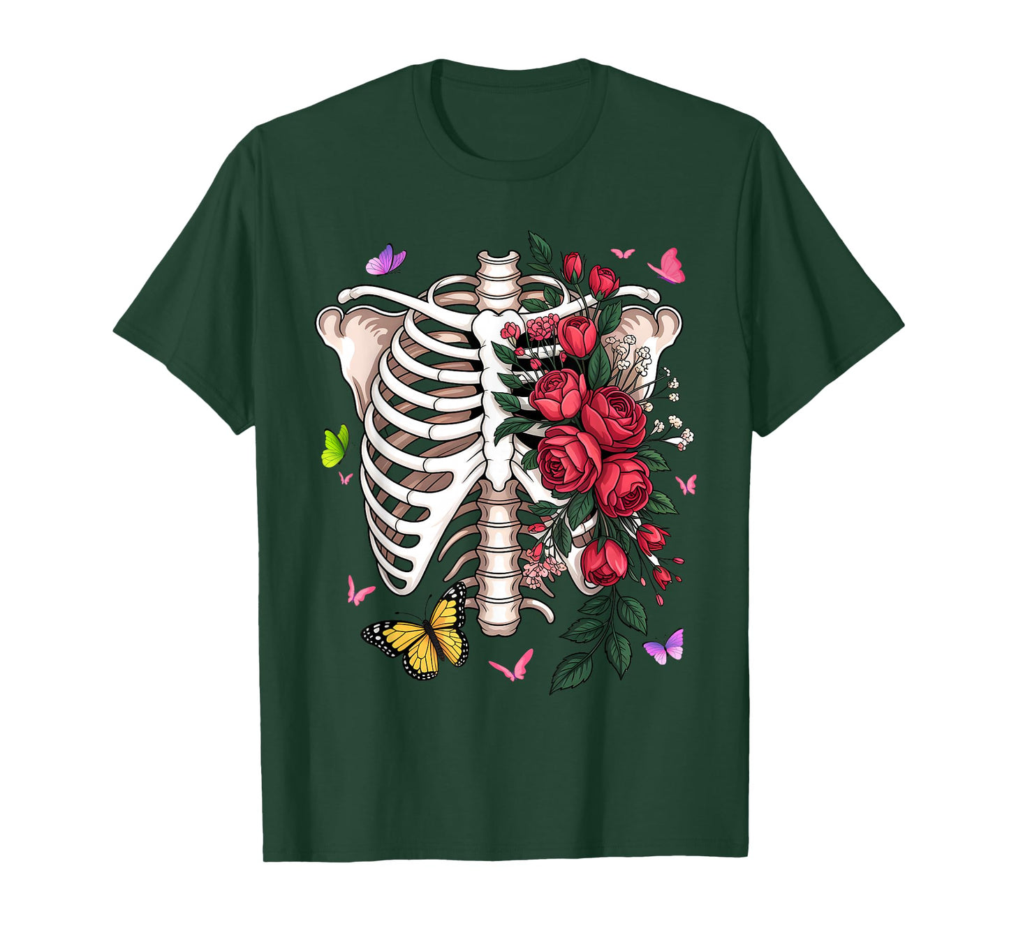 Skeleton Body Red Roses Flower T-Shirt