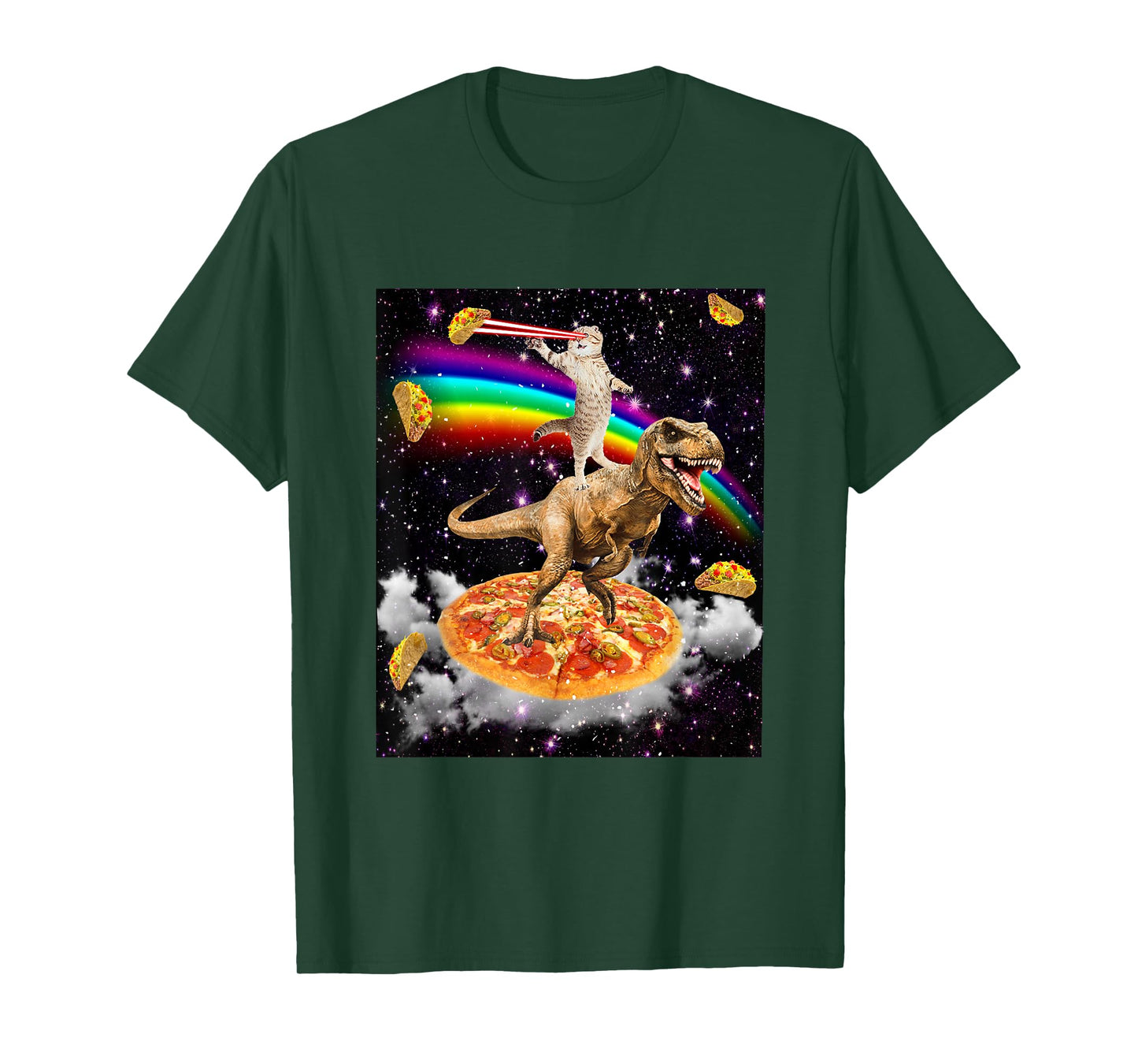 Galaxy Laser Cat on Dinosaur on Pizza with Tacos & Rainbow T-Shirt