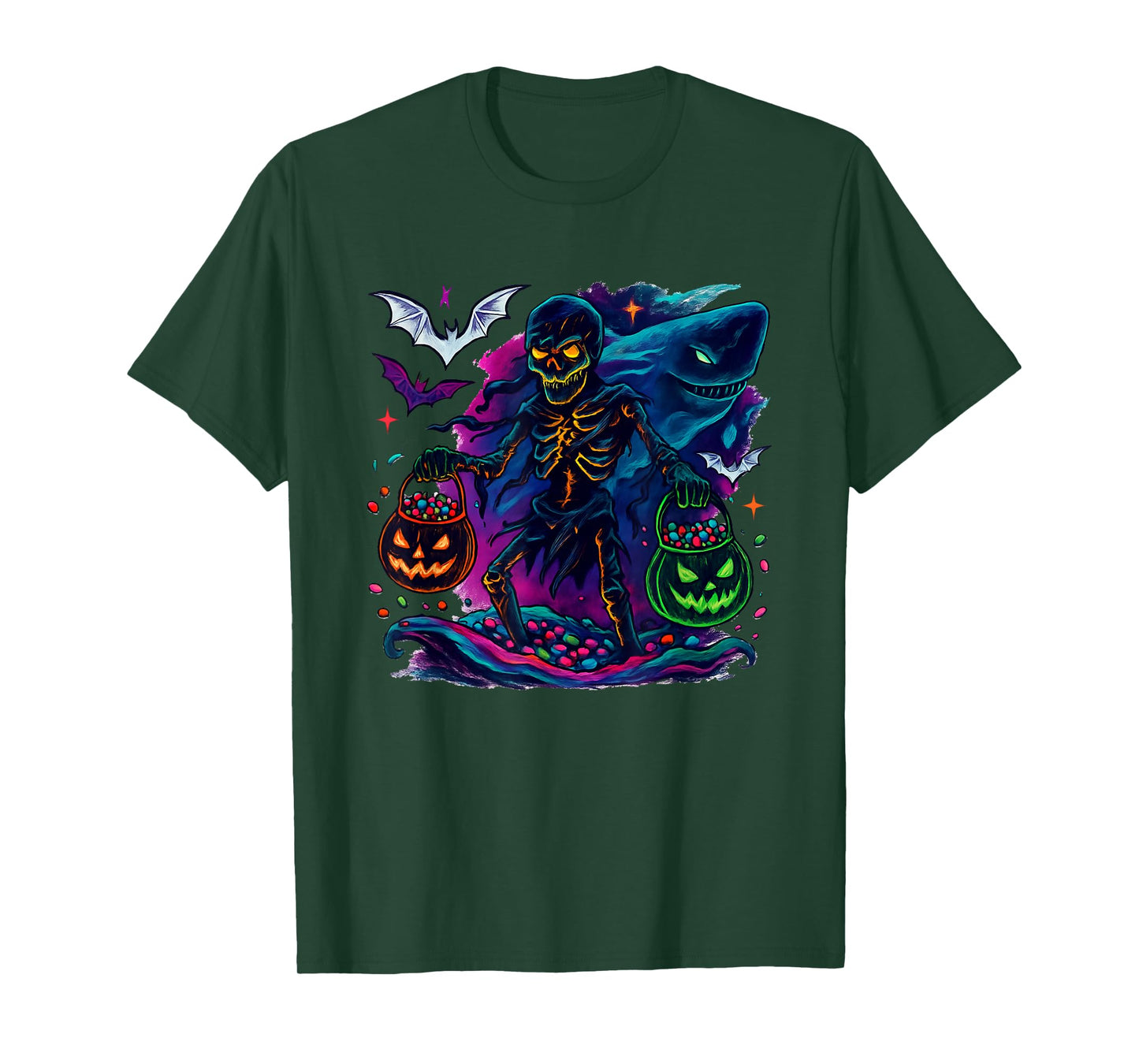 Skeleton Riding Mummy Orca Halloween Candy Whale T-Shirt