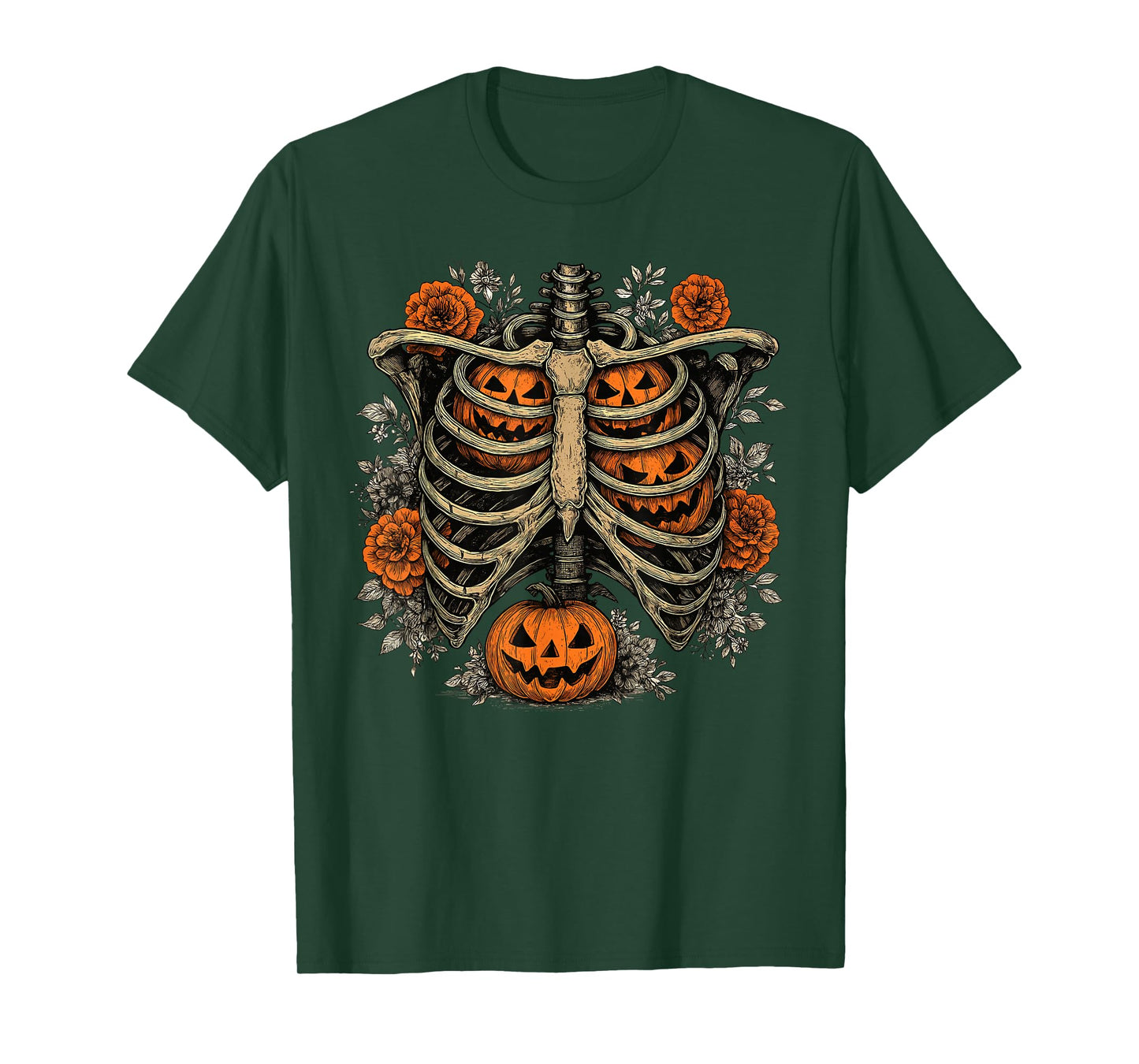Retro Skeleton Floral Ribcage Pumpkin Fall Halloween Costume T-Shirt