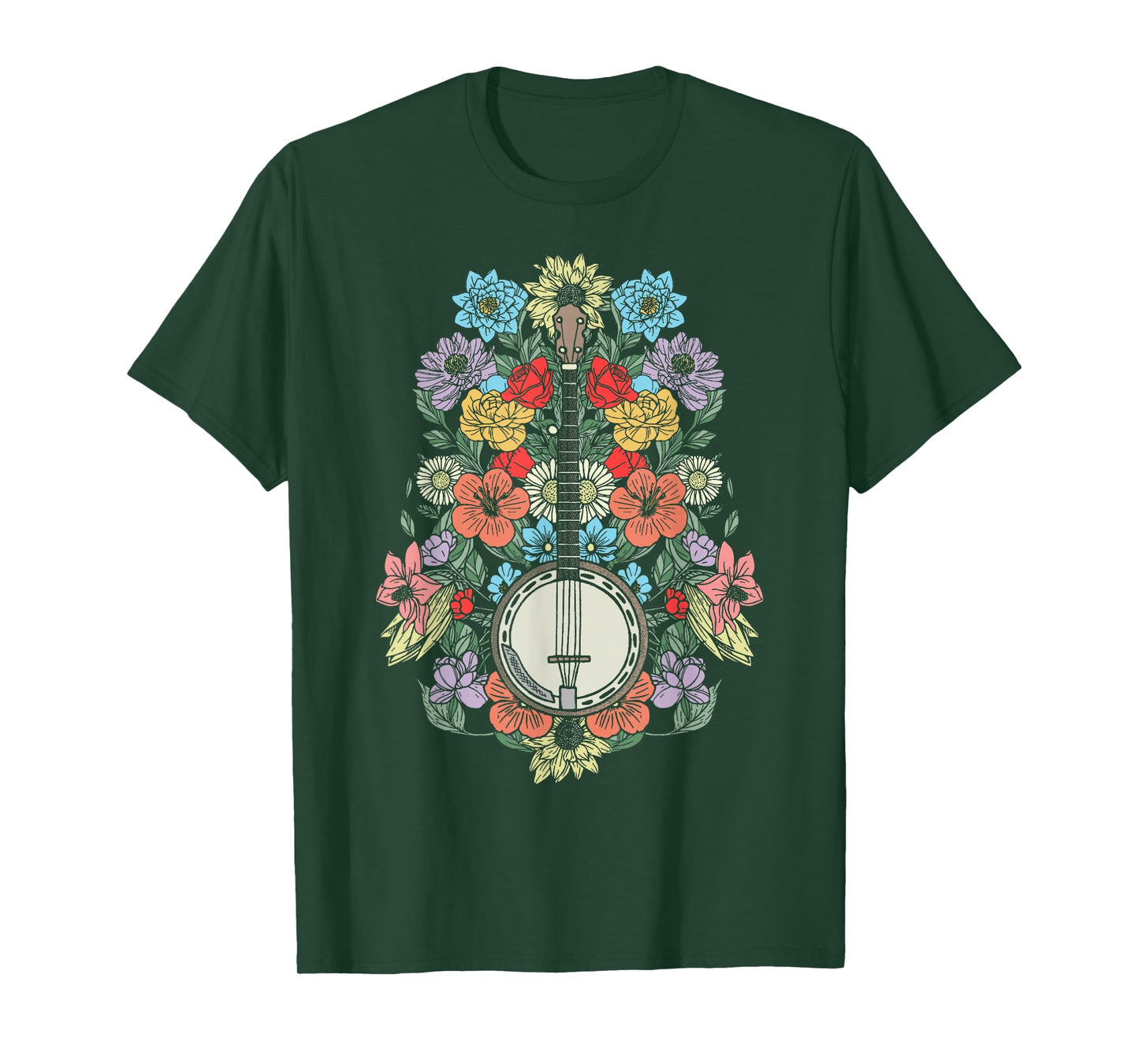 Banjo Flowers Vintage Stringed Bluegrass Folk Floral Pattern T-Shirt