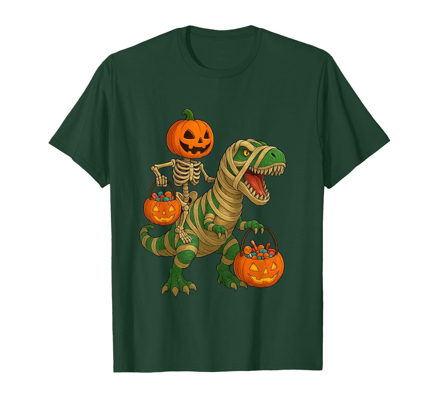 Halloween Skeleton on T-Rex Dinosaur with Pumpkin Candy T-Shirt