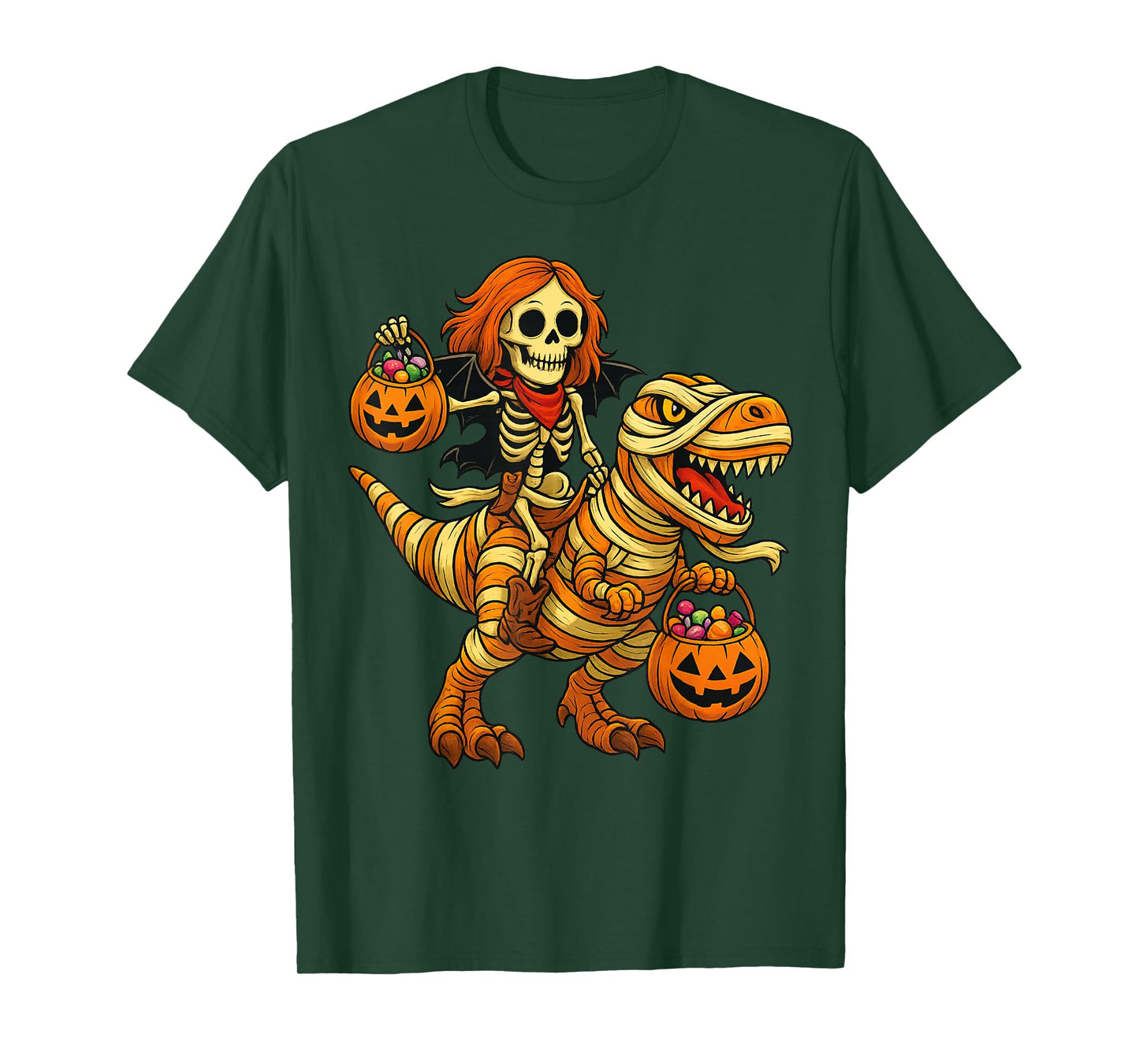 Skeleton Riding Mummy Dinosaur T rex Halloween Funny Pumpkin T-Shirt