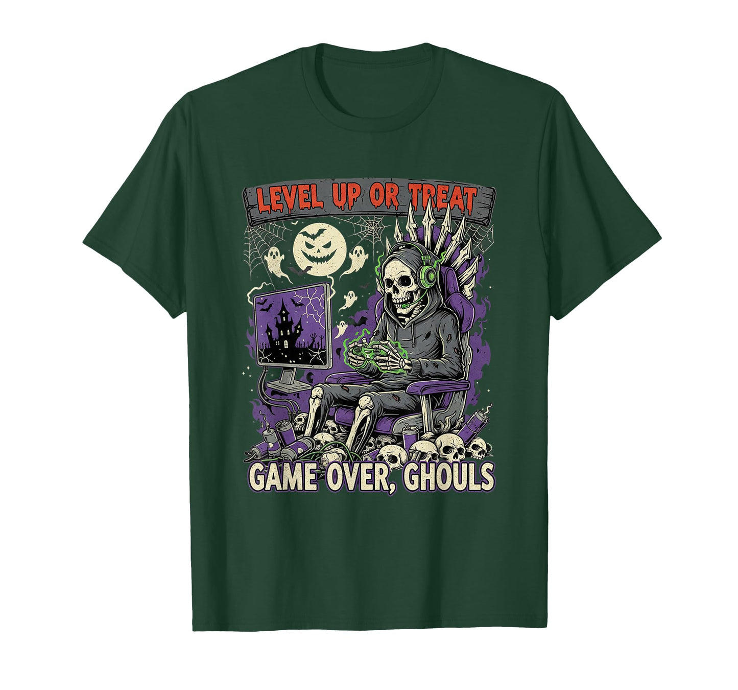 Level Up Or Treat Game Over Ghouls Halloween Skeleton Gamer T-Shirt