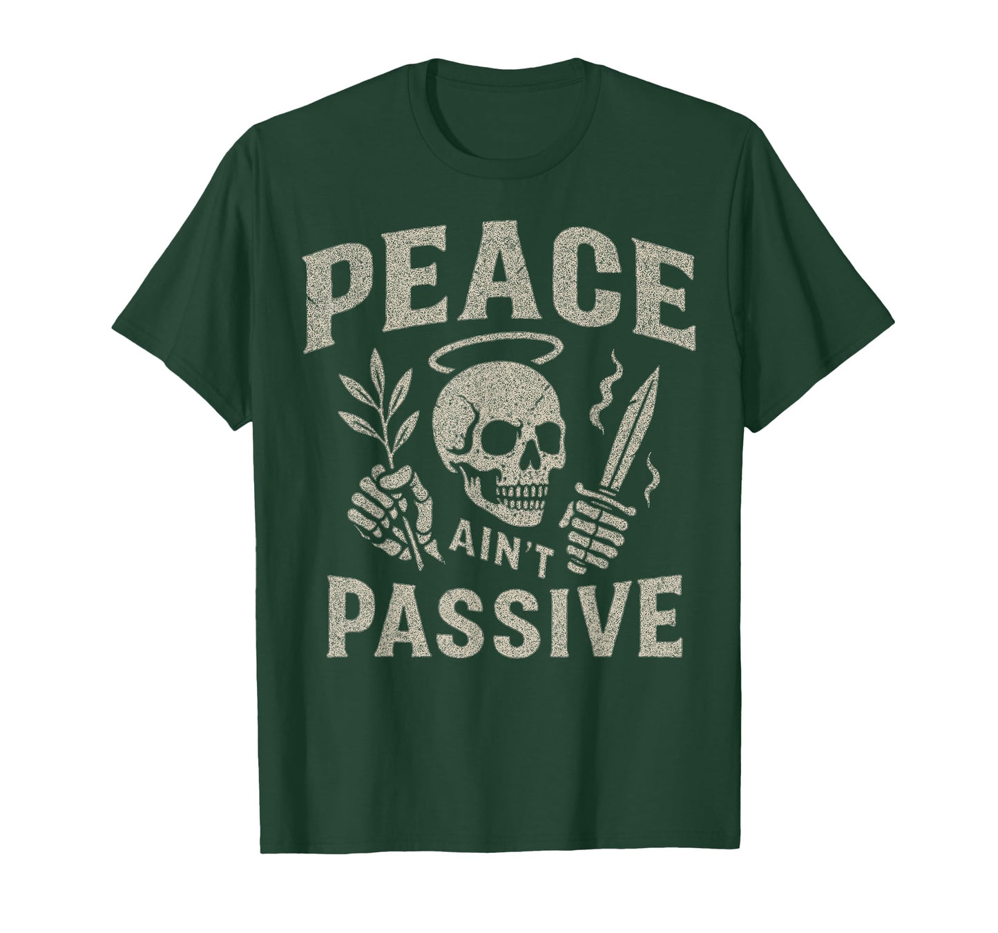 Peace Ain’t Passive Skull Halo Olive Branch Dagger Graphic T-Shirt