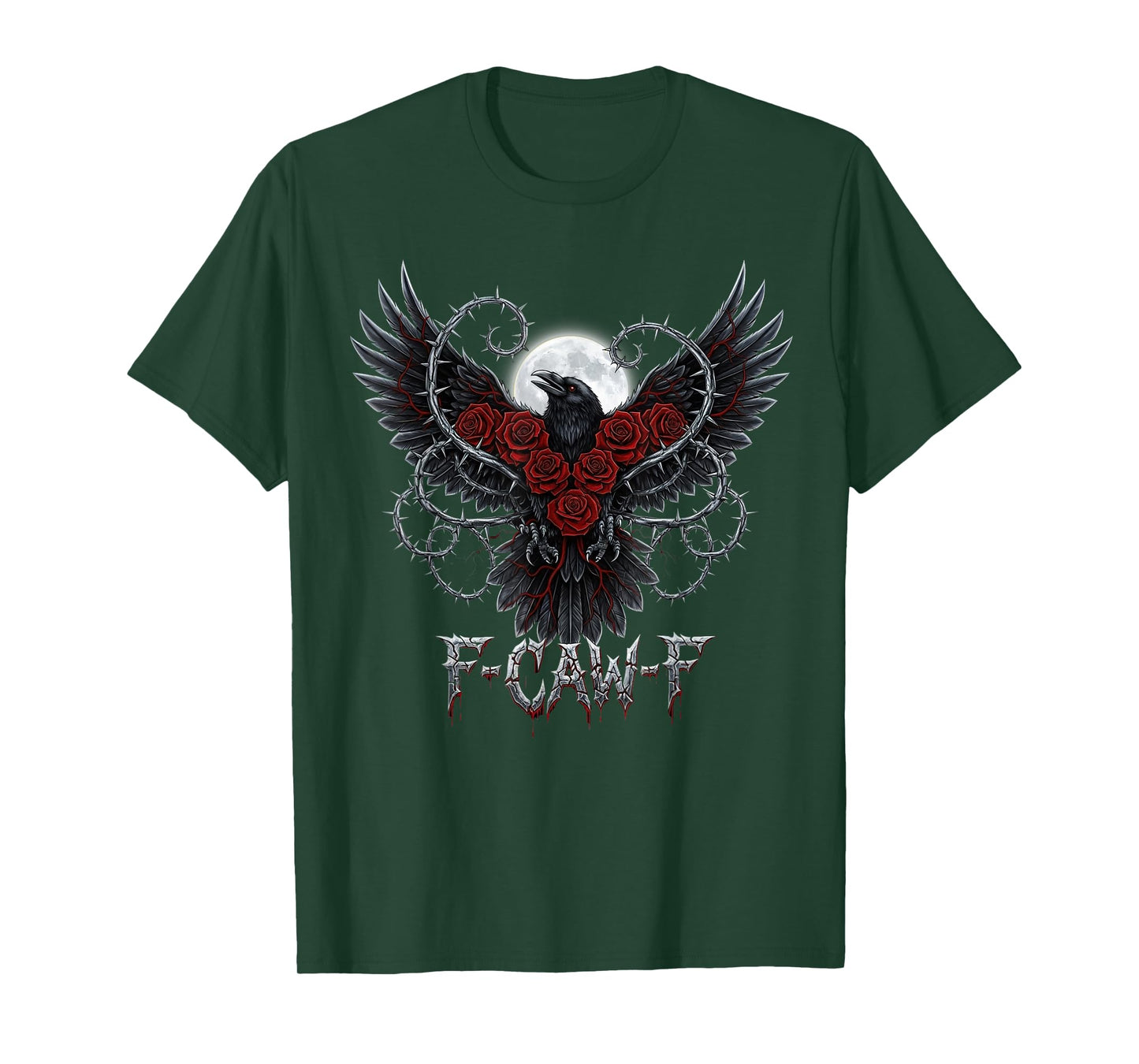 Black F-Caw-F Crow Gothic Red Roses Funny Black Bird Moon T-Shirt