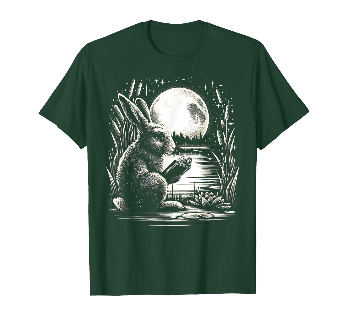 Rabbit Reading Book - Full Moon Lake Scenery T-Shirt