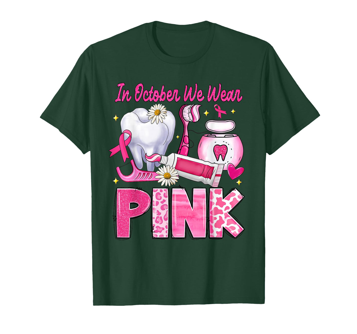 In October We Wear Pink Tooth Dental Leopard Breast Cancer T-Shirt