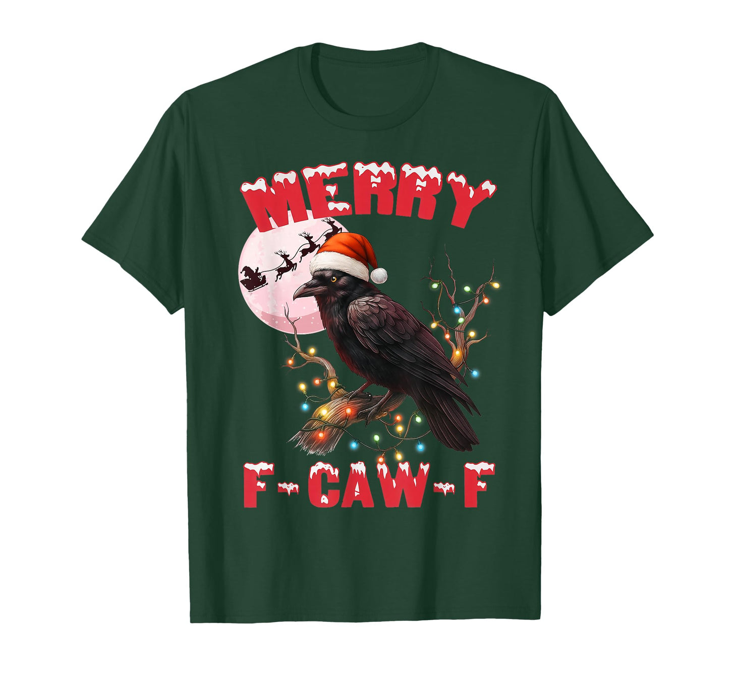 Black Crow Merry F-Caw-F Crow Santa Hat Christmas Lights T-Shirt