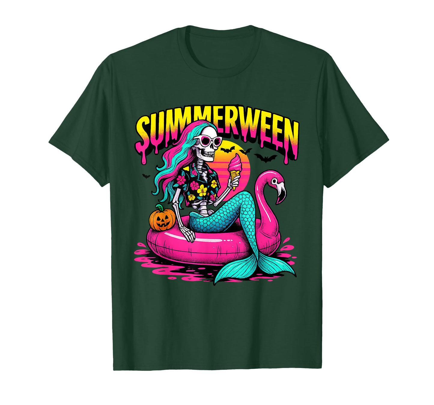 Summerween Skeleton Mermaid Halloween Flamingo T-Shirt