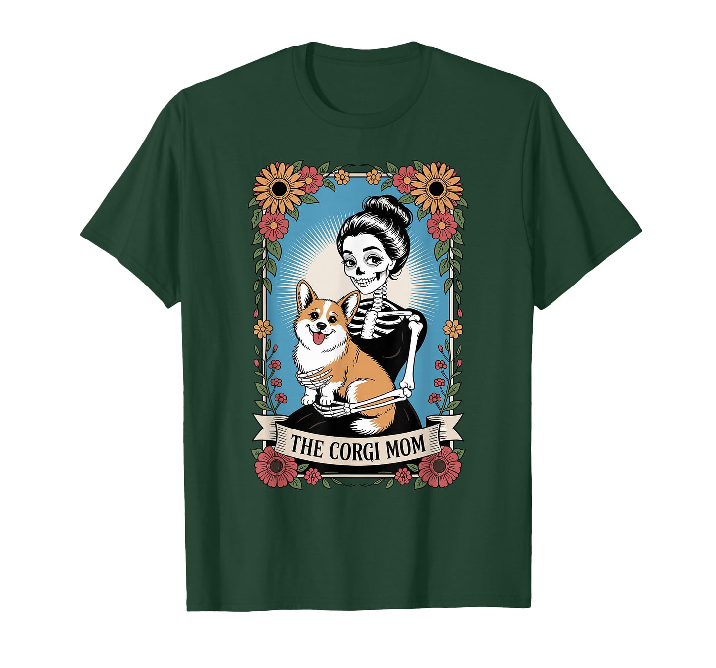 The Corgi Mom Skeleton Gothic Floral Design T-Shirt