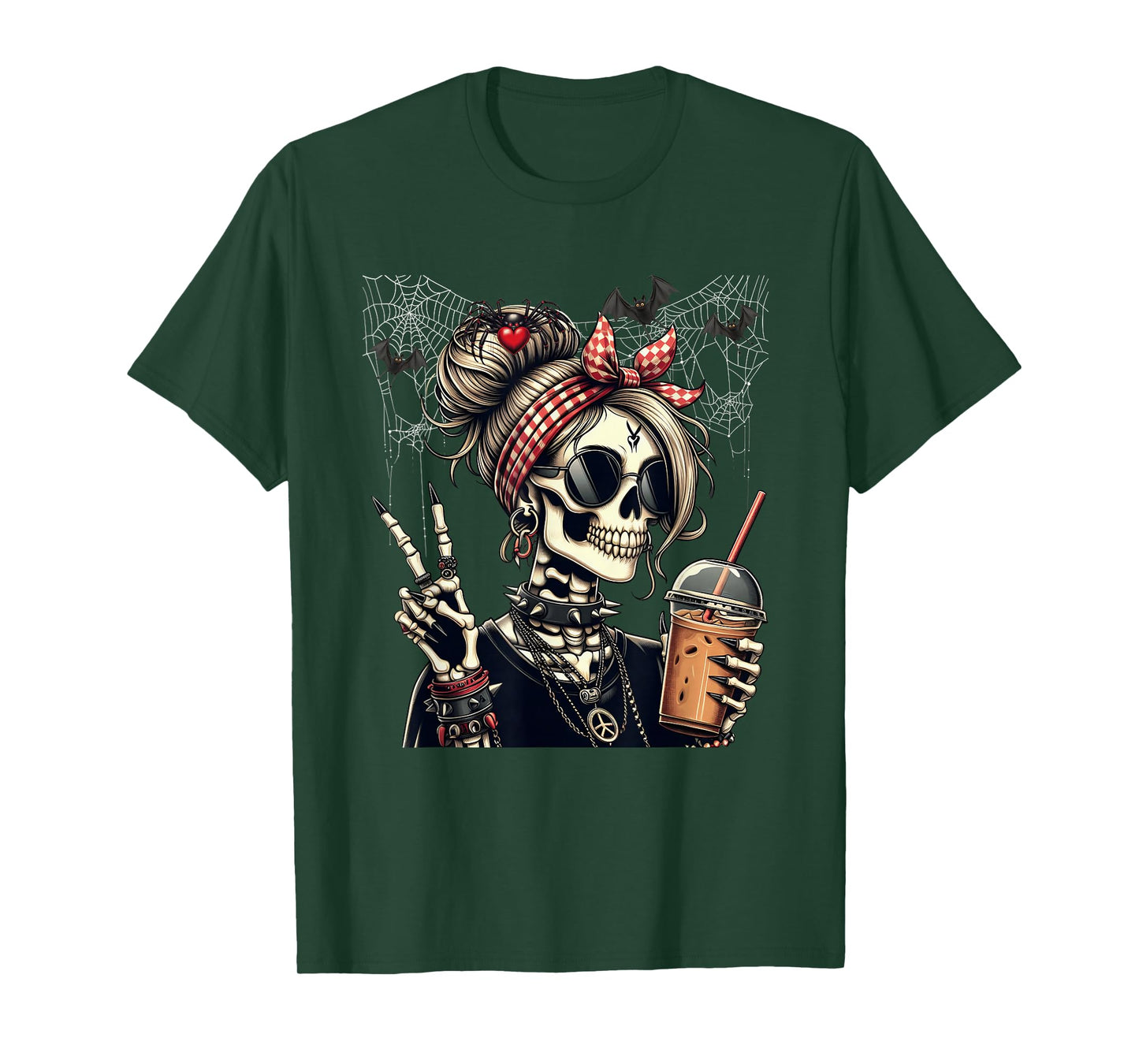 Skeleton Girl Iced Coffee Lover Peace Sign Gothic Halloween T-Shirt