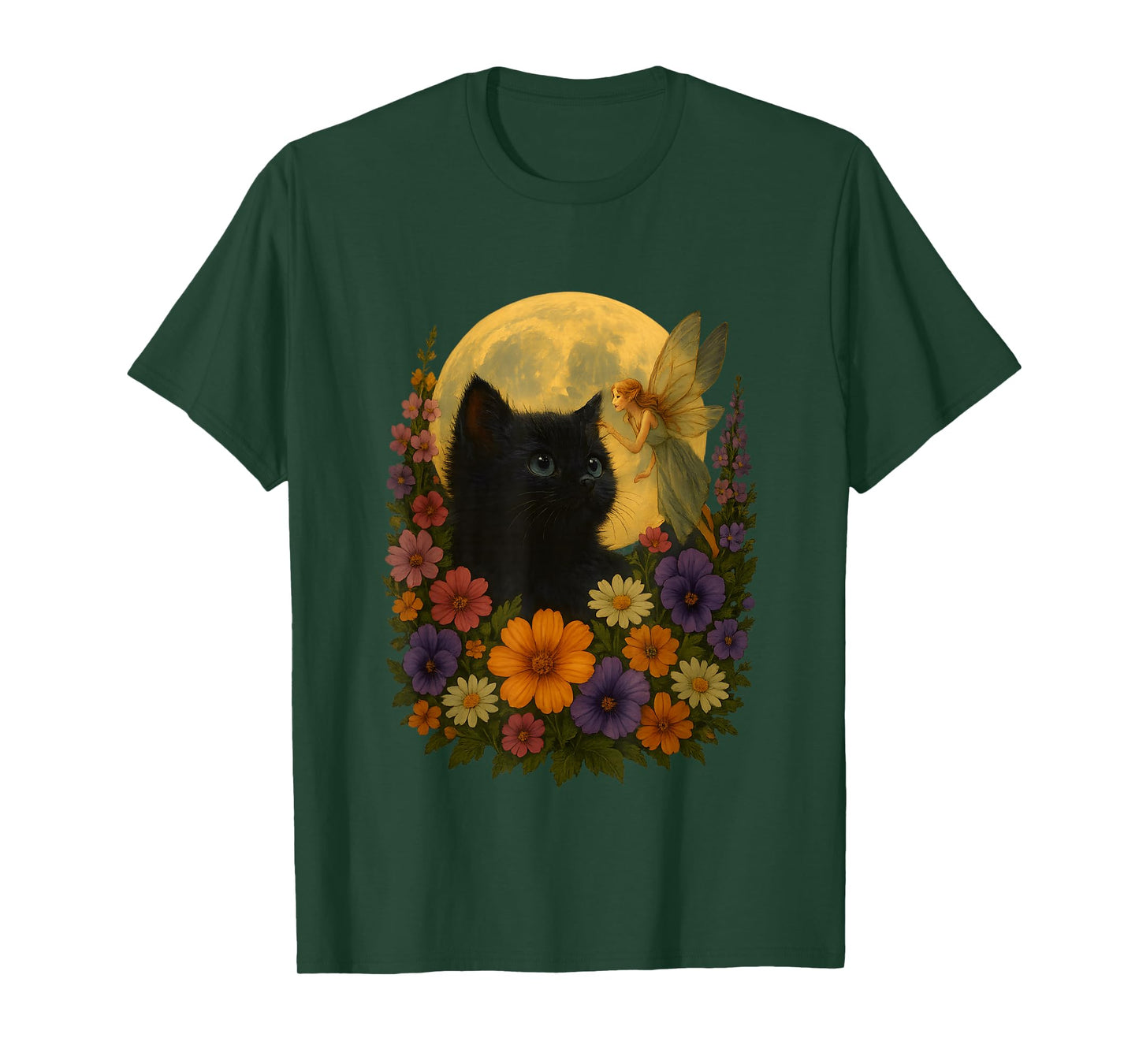 Kitten Moon Wildflowers Tee Fairycore Whimsical Floral Cat T-Shirt