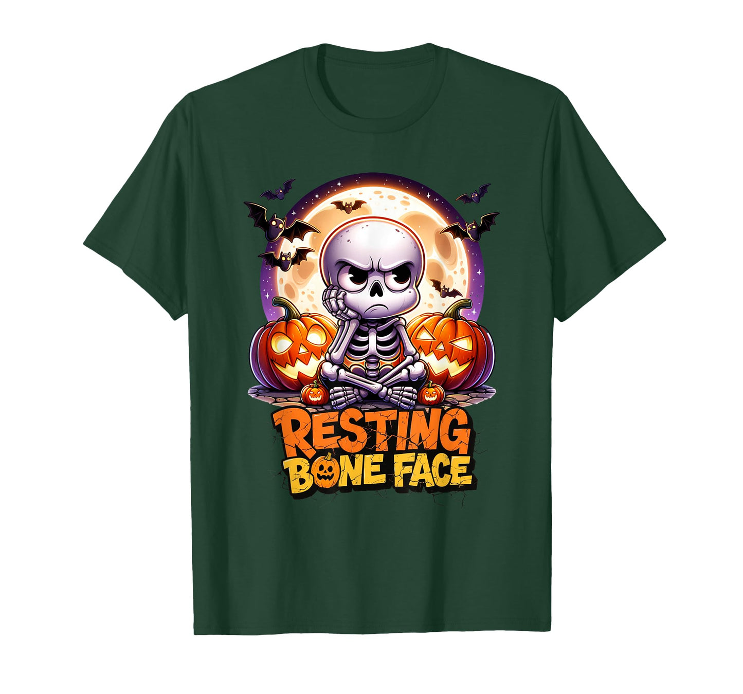 Resting Bone Face Funny Skeleton Halloween Pumpkin Bats T-Shirt