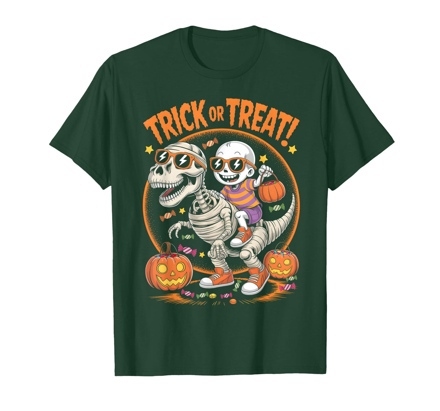Trick or Treat T-rex Skeleton Riding Mummy Dinosaur for Kids T-Shirt