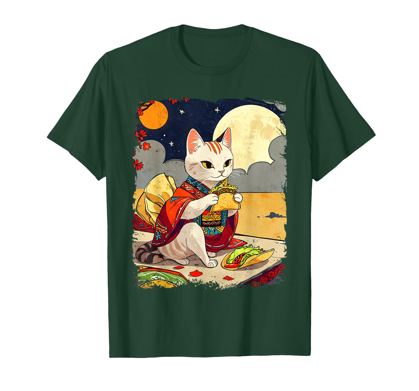 Cat Eating Tacos Funny Taco Cat Ukiyo-e Art Mexican Cat T-Shirt for Men Women Girls Kids