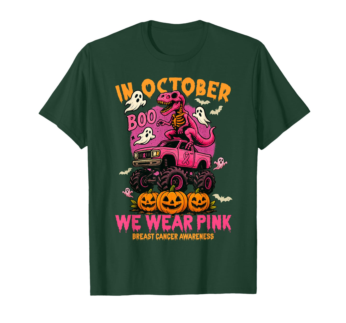T Rex Dinosaur and Monster Truck We Wear Pink Breast Cancer T-Shirt