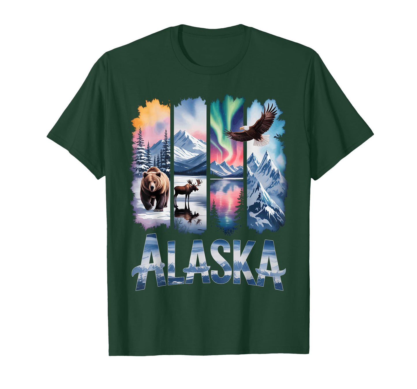 Alaskan Bear Moose Eagle Lake And Mountain Aurora Borealis T-Shirt