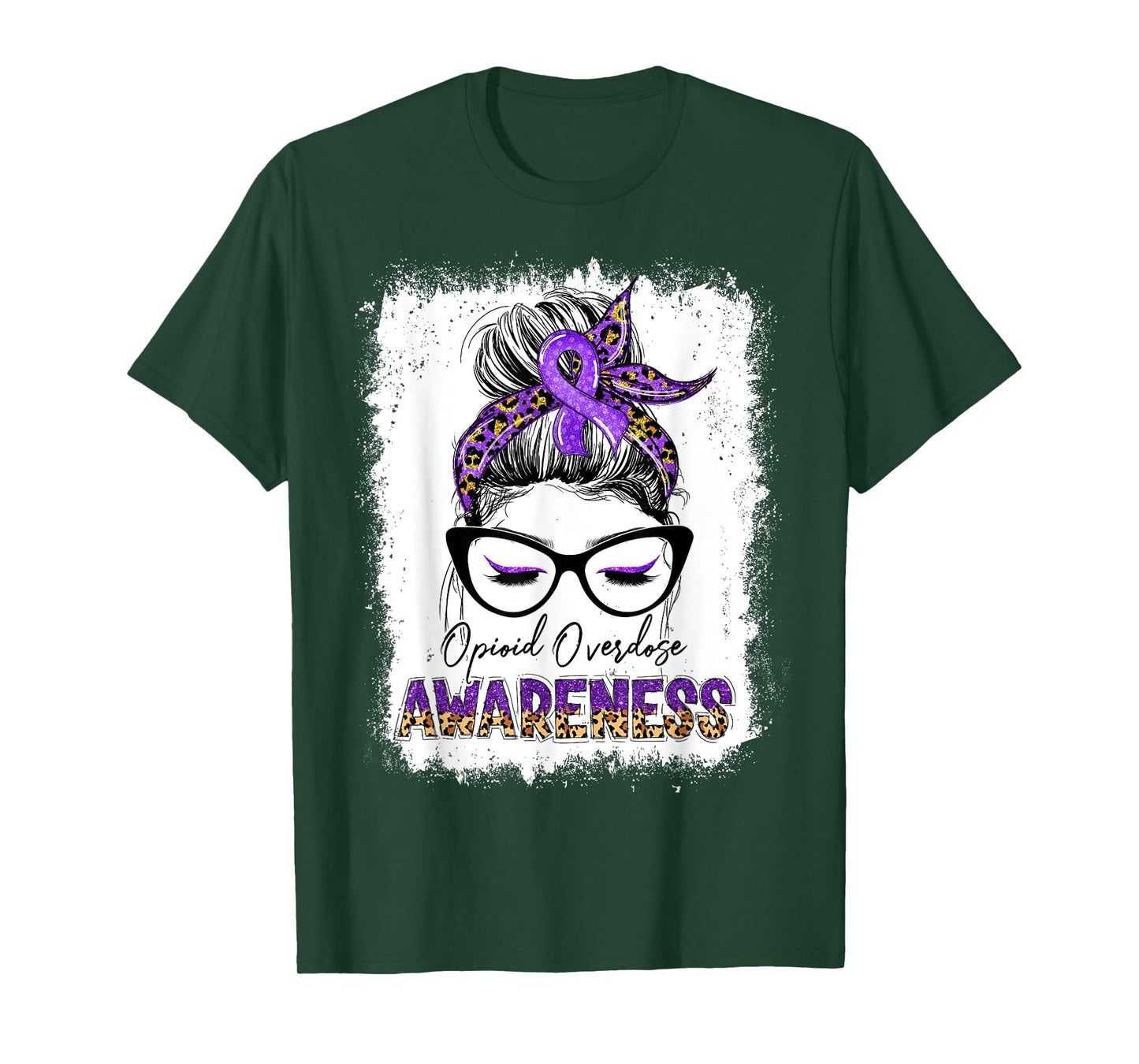 Leopard Messy Bun Opioid Overdose Awareness Purple Ribbon T-Shirt