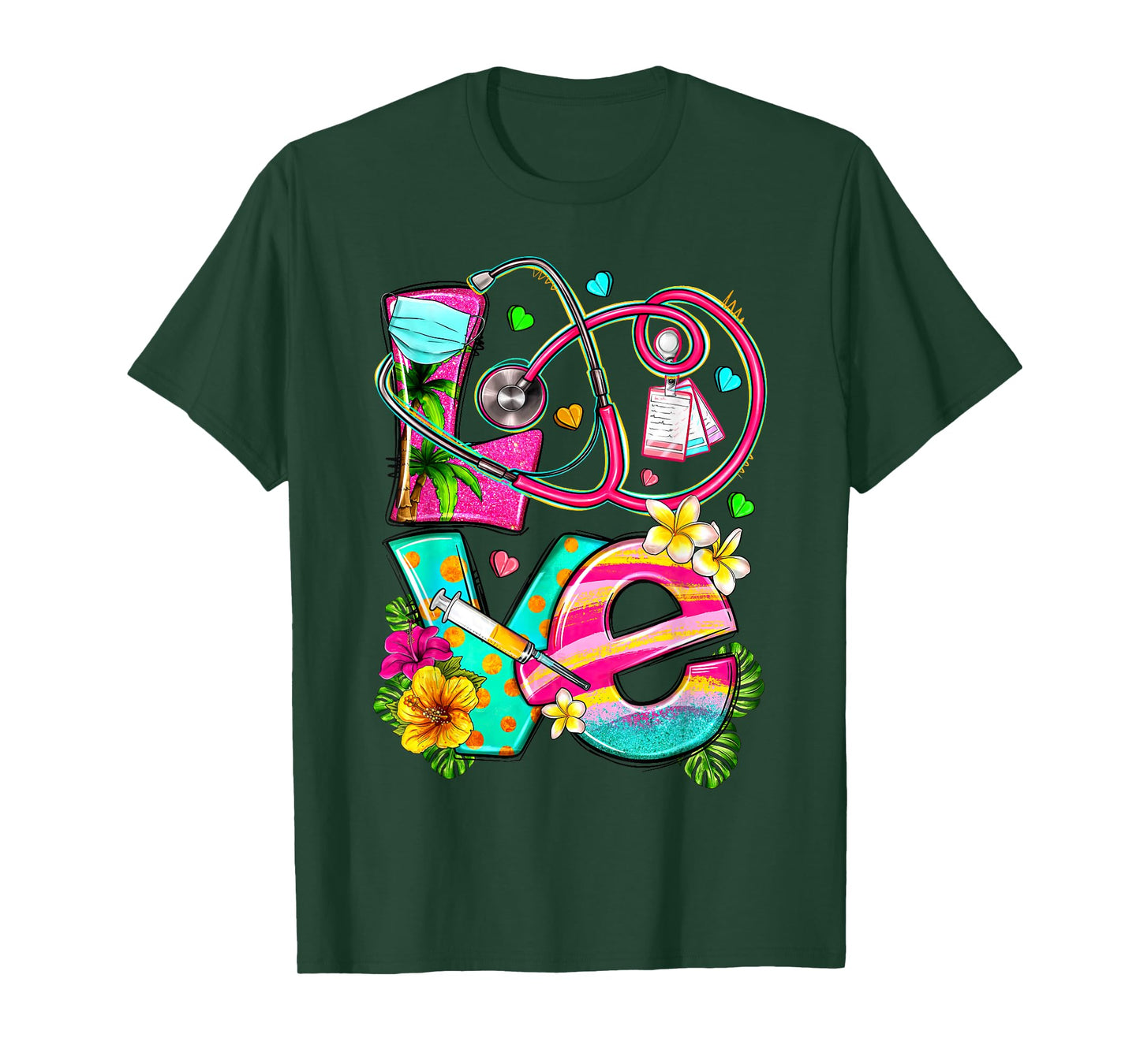 Love Summer Nurse Stethoscope Tropical Flowers Hawaii T-Shirt