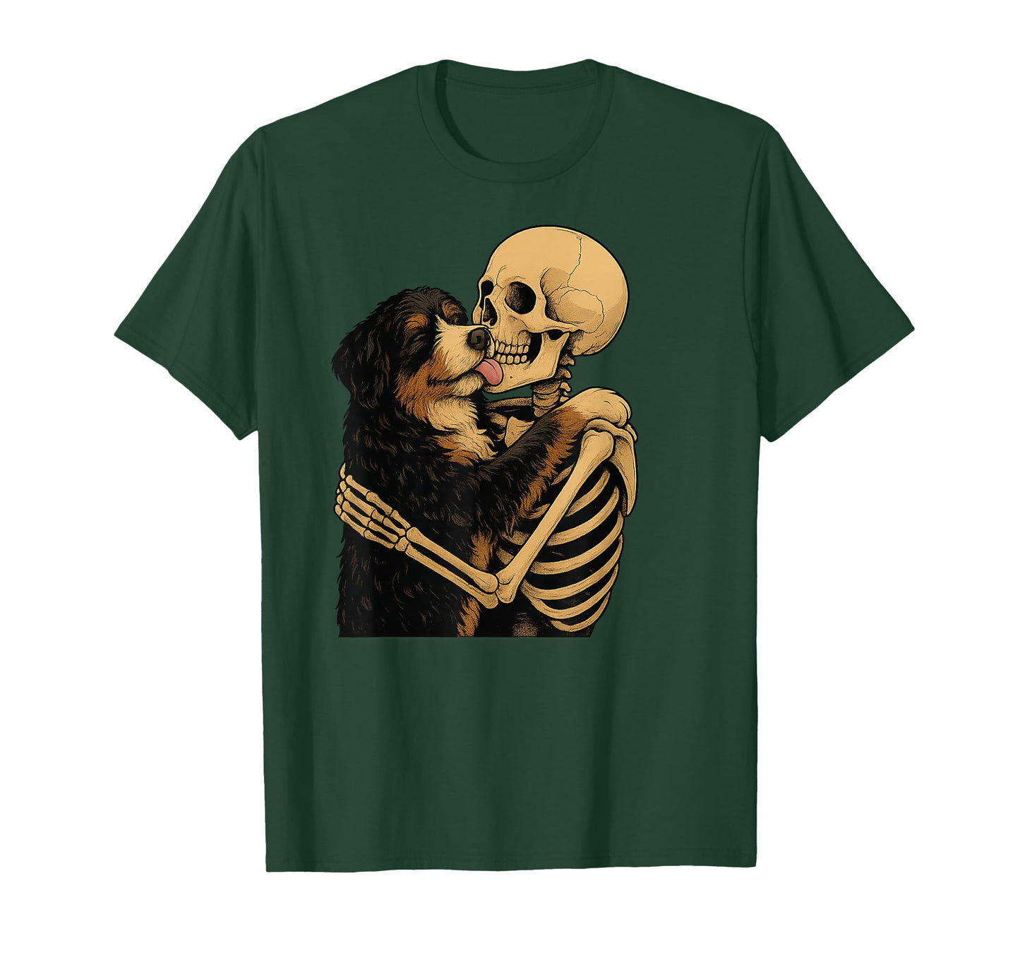 Skeleton Hugging Bernedoodle Dog Halloween T-Shirt