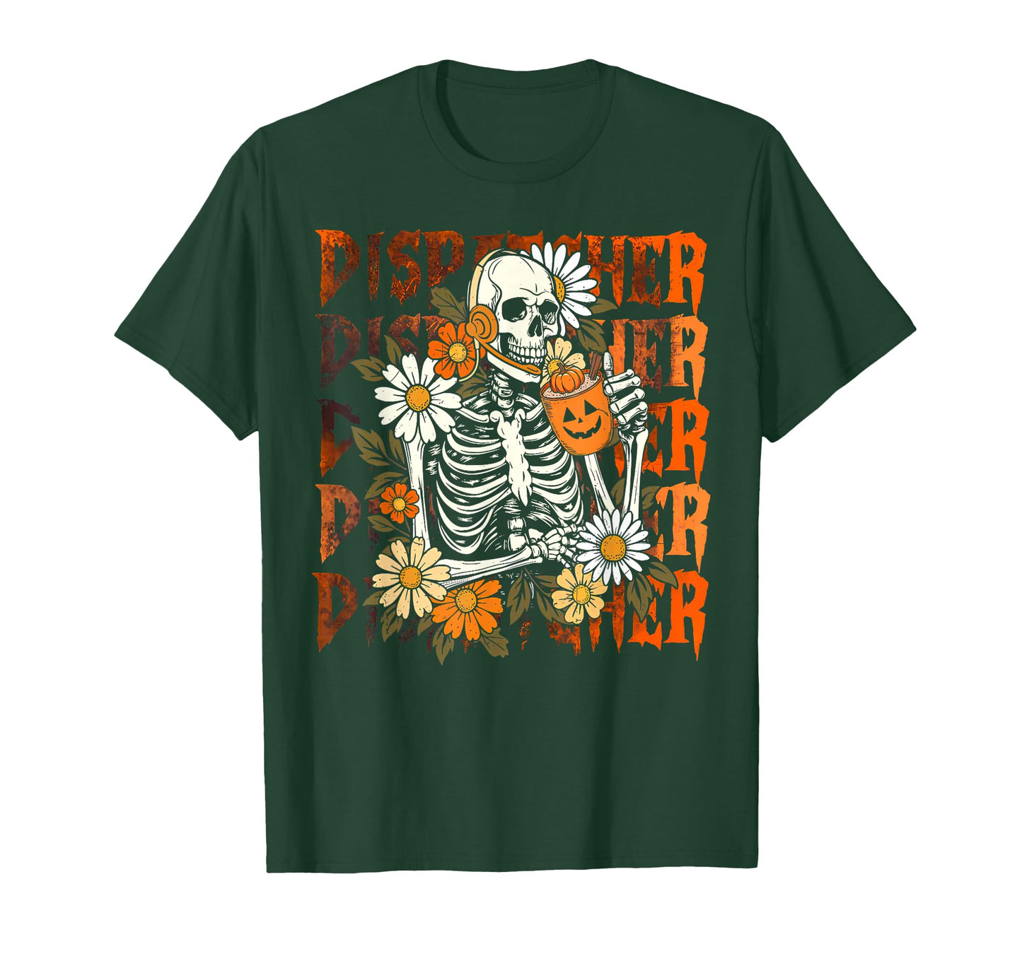 Retro 911 Dispatcher Skeleton Daisy Flower Pumpkin Halloween T-Shirt