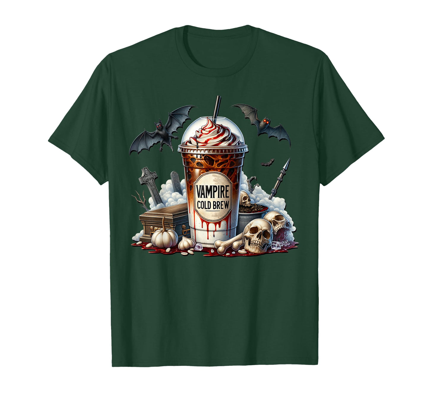 Vampire Coffee Cup Graphic for Women and Men Halloween Bat T-Shirt