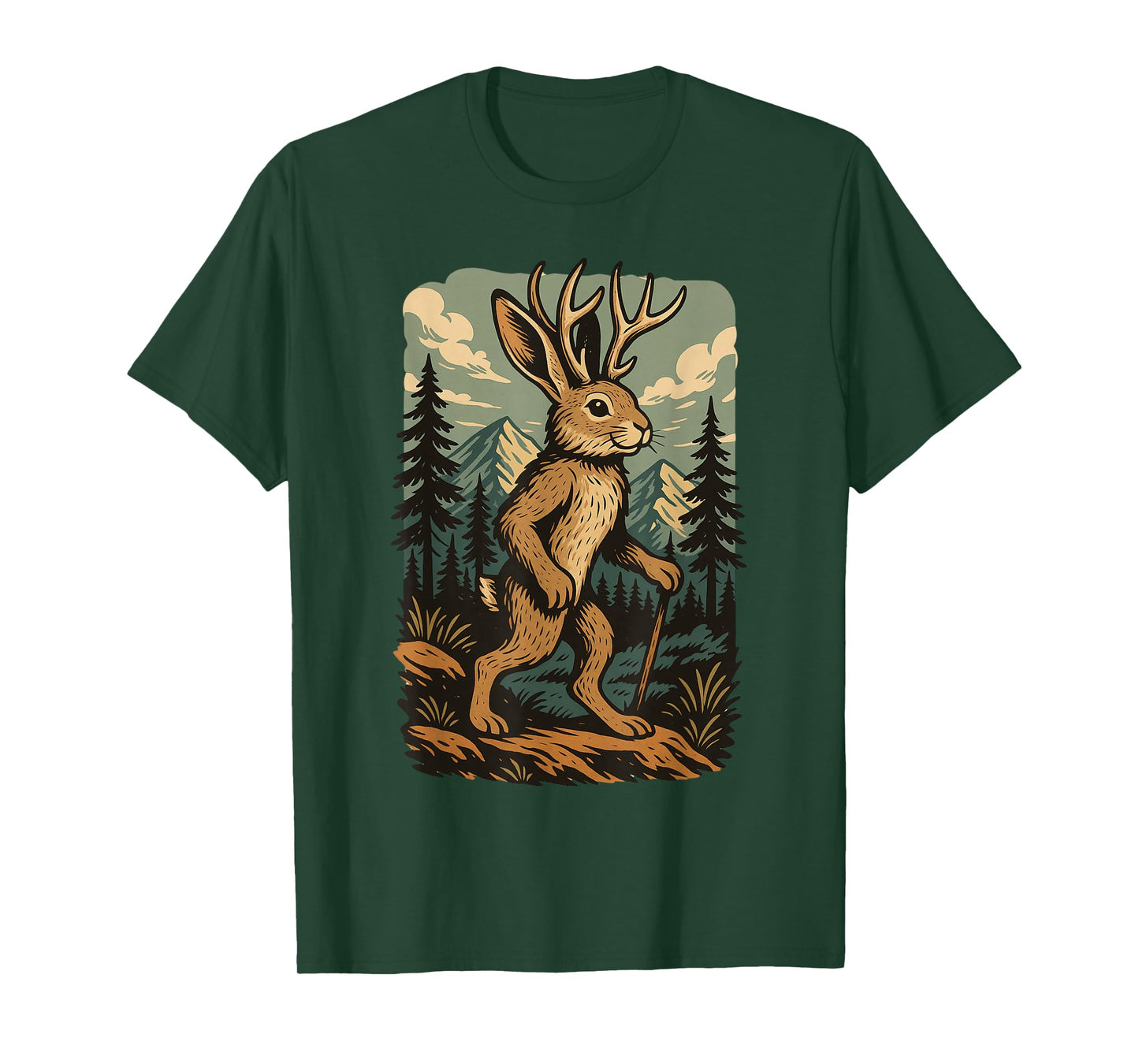 Vintage cryptid Jackalope Hiking with Mountain Forest T-Shirt