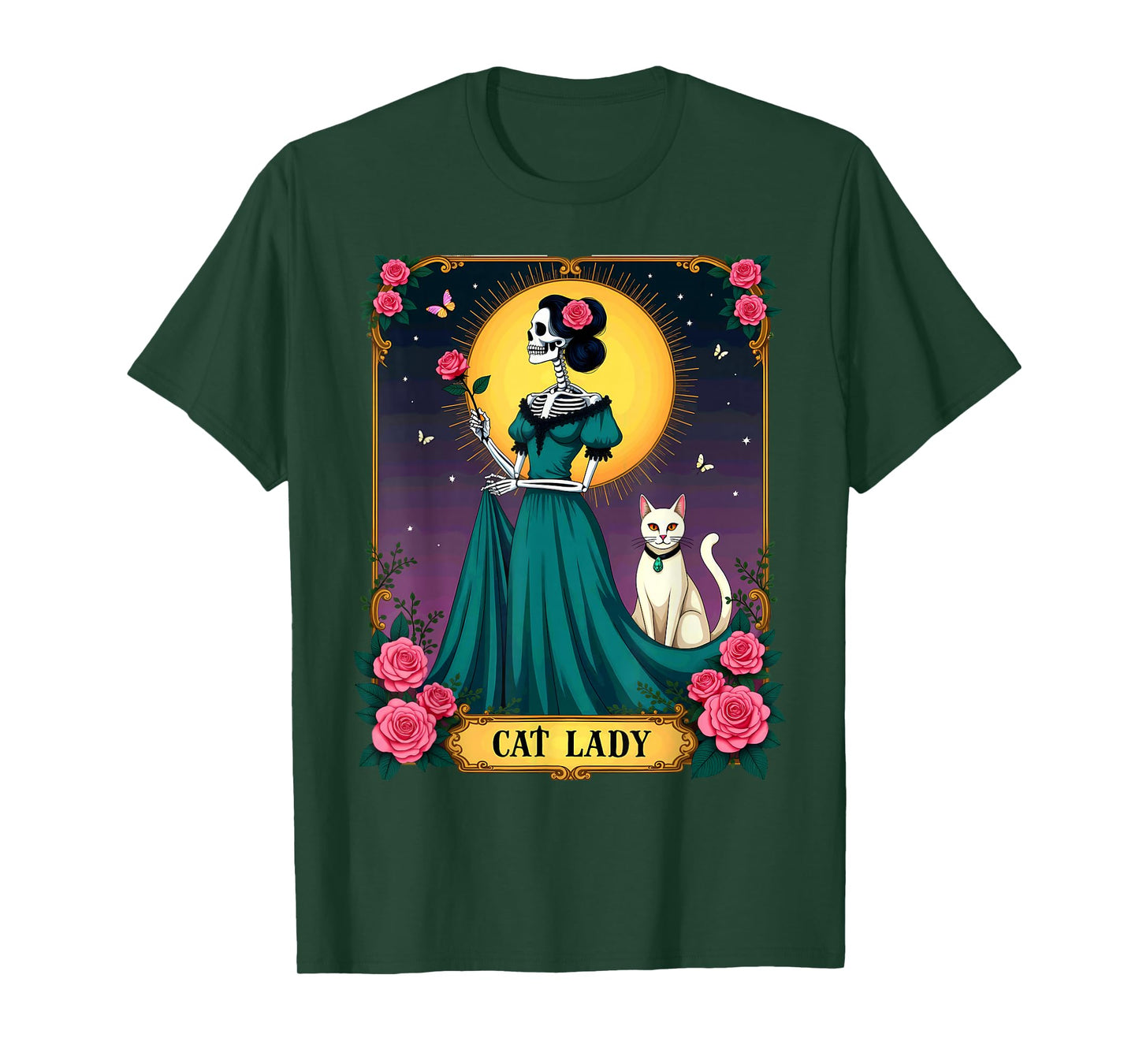 Retro Cat Lady Tarot Card Skeleton Halloween T-Shirt