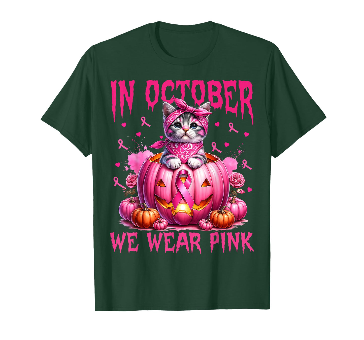 in October We Wear Pink Cat Ribbon Breast Cancer Awareness T-Shirt