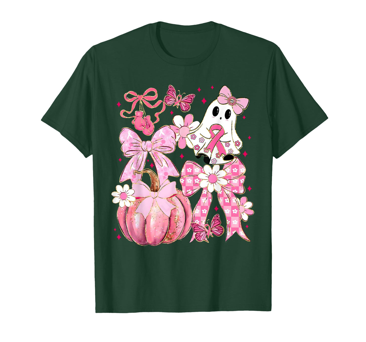 Pink Coquette Bow Ghost Halloween Breast Cancer Awareness T-Shirt