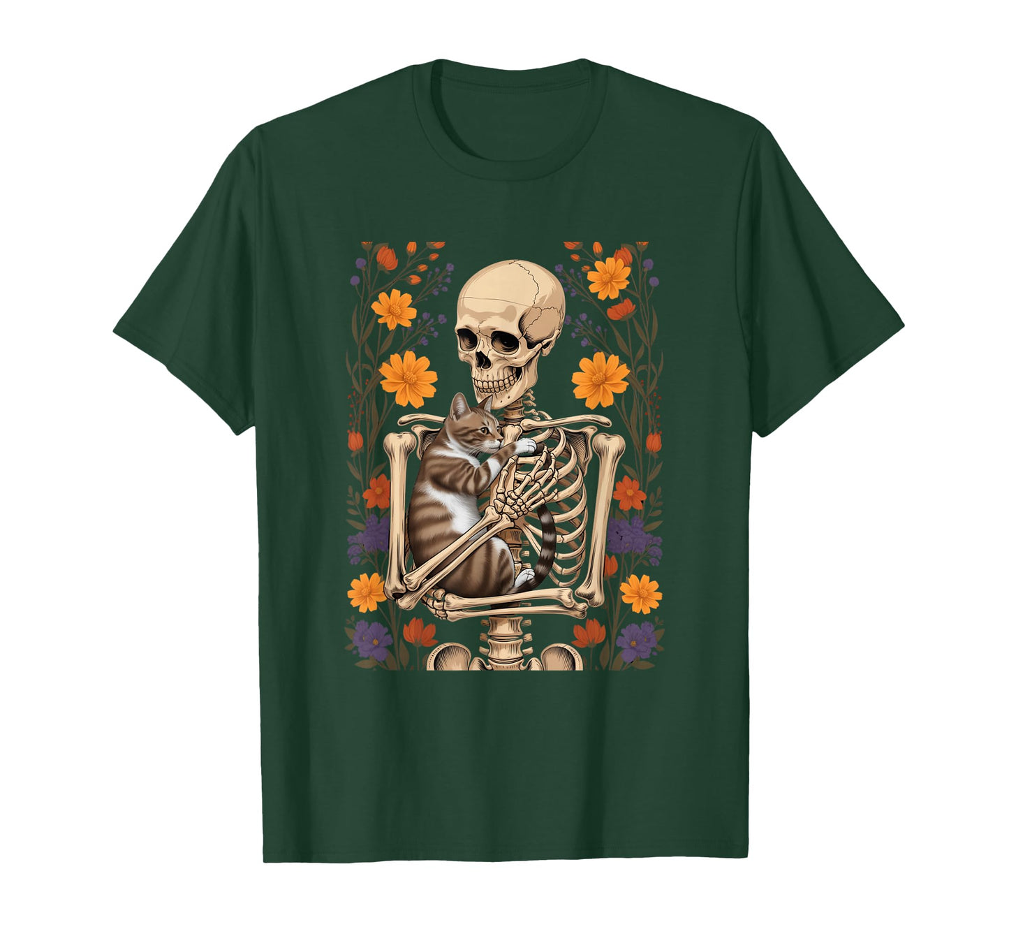 Funny Skeleton Hugging Cat Floral Halloween Cats Lover T-Shirt