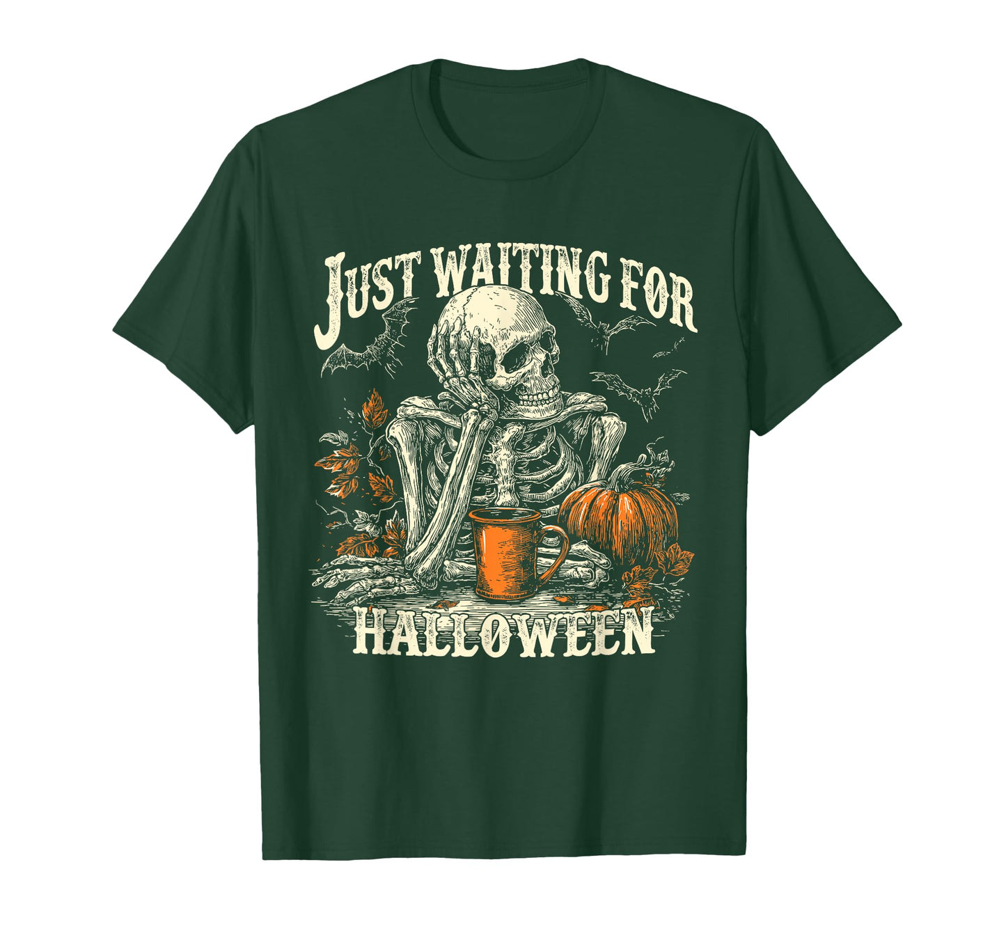 Just Waiting for Halloween Skeleton Coffee Scene Pumpkin T-Shirt