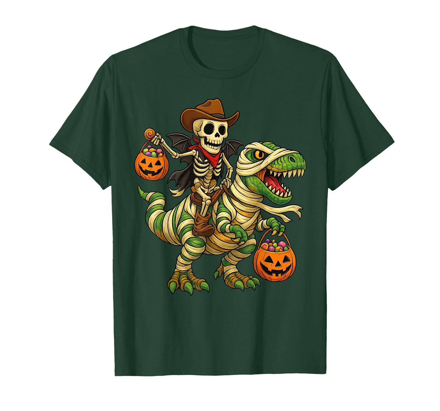 Skeleton Riding Mummy Dinosaur T rex Halloween Funny Pumpkin T-Shirt