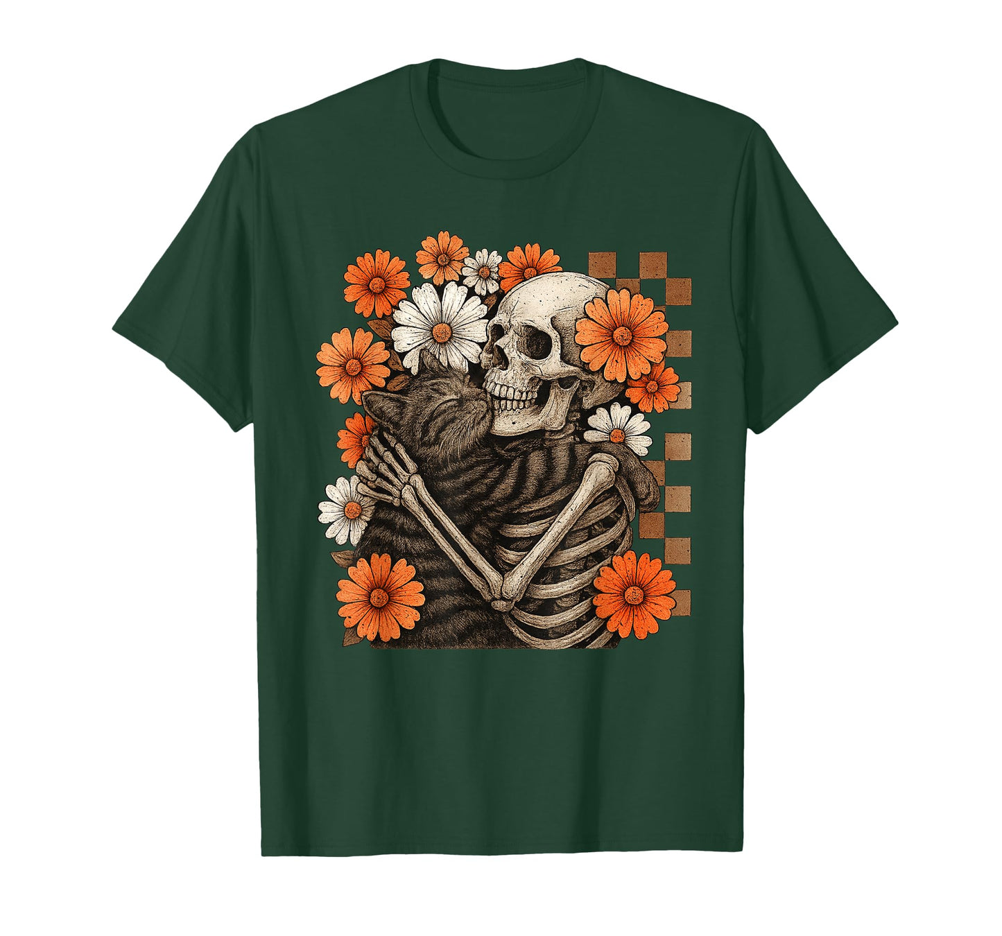 Floral Checkered Skeleton Hugging Cat Halloween T-Shirt