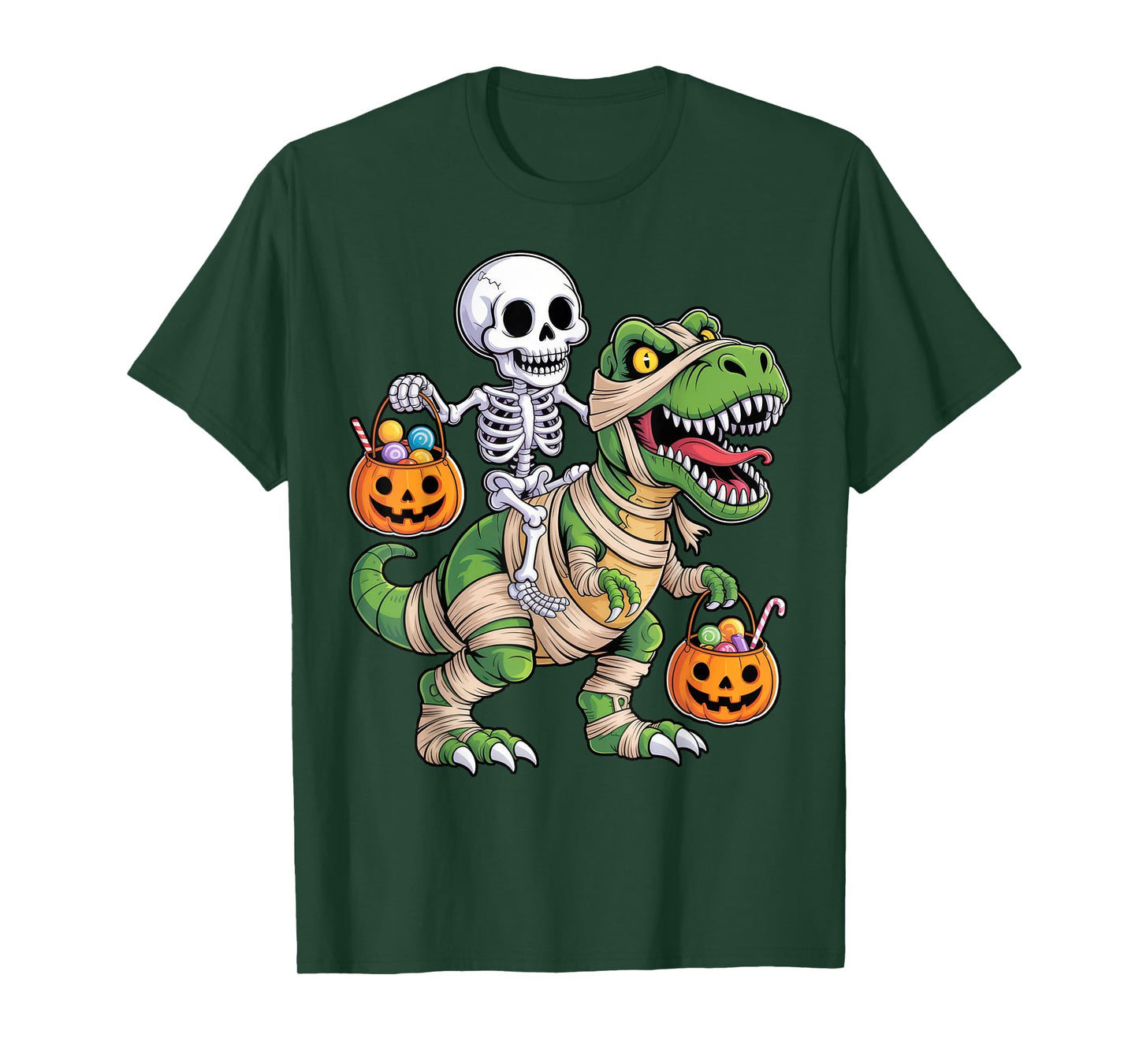 Skeleton Riding Mummy Dinosaur T rex Kids Boys Men Halloween T-Shirt
