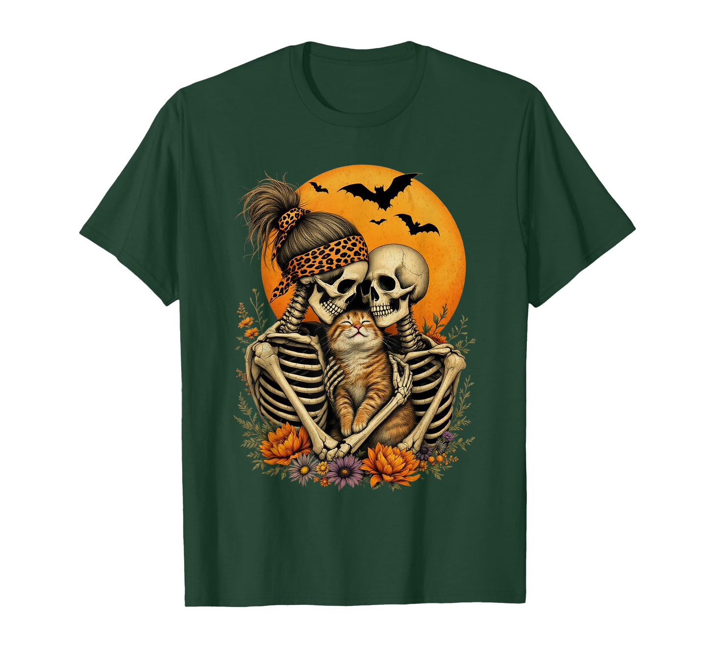 Skeleton Hugging Cat Floral Halloween Cat Lover Mom Costume T-Shirt