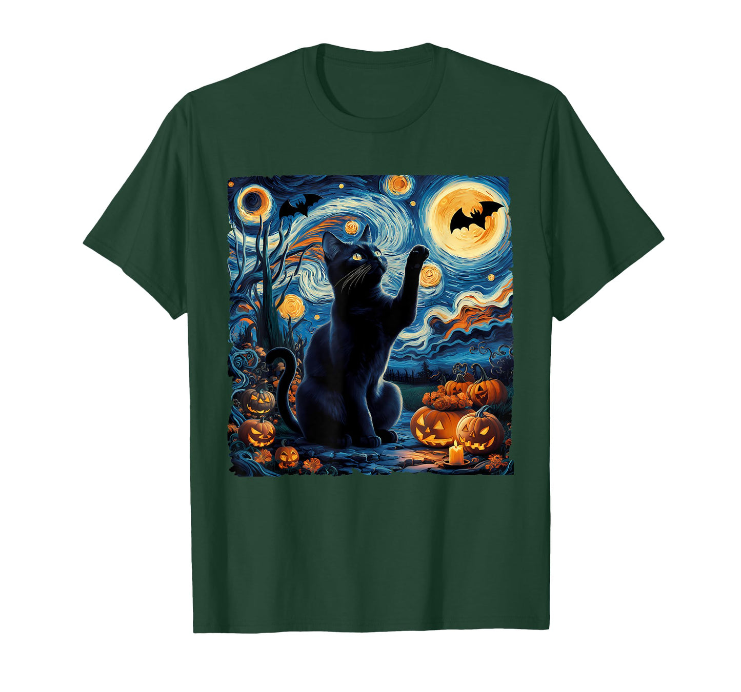 Halloween Van Gogh' Starry Night Black Cat Pumpkins Bats T-Shirt for Men Women Kids