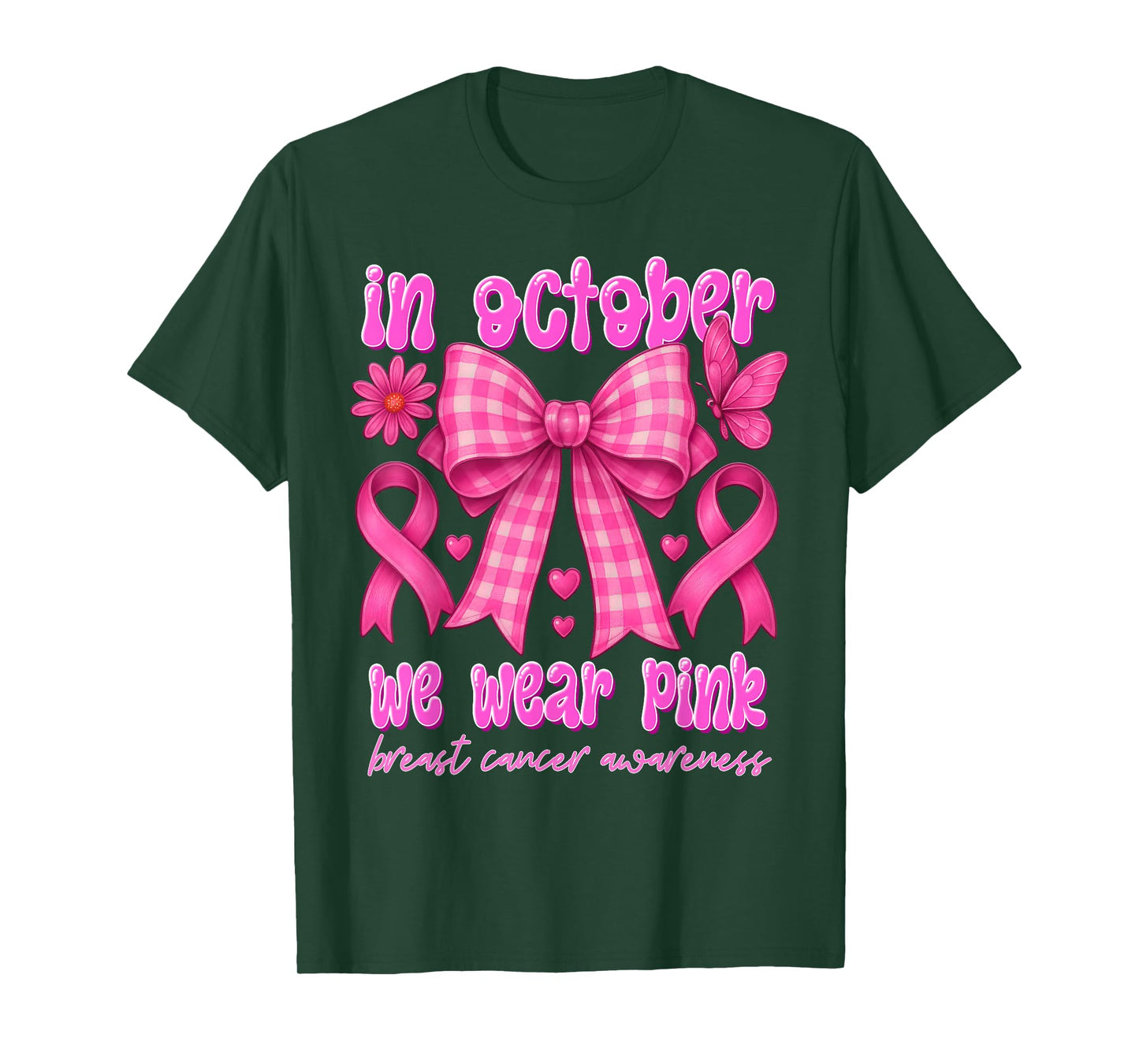 in October We Wear Pink Breast Cancer Awareness Coquette Bow T-Shirt