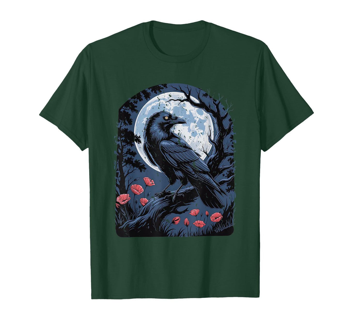 Raven with Poppies Moon and Flowers Gothic Botanical Crow T-Shirt