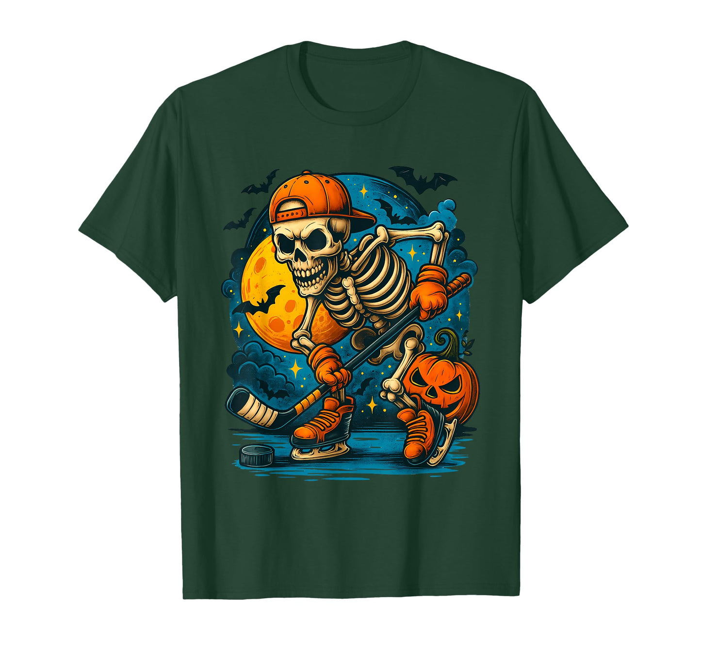 Halloween Skeleton Playing Ice Hockey Pumpkins Kids Boys Tee T-Shirt