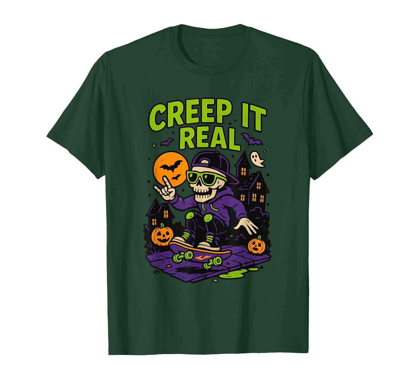 Creep It Real Halloween Skeleton Skateboarding Spooky Design T-Shirt