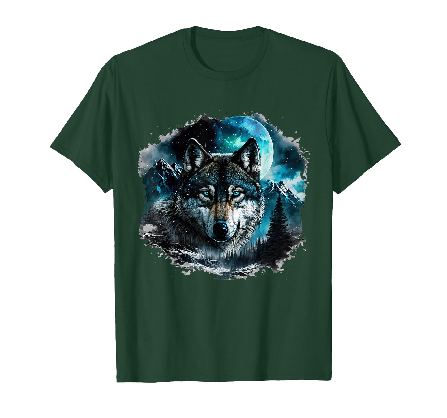 Grey Wolf Hunting Ground Icy Moon Forest Galaxy T-Shirt