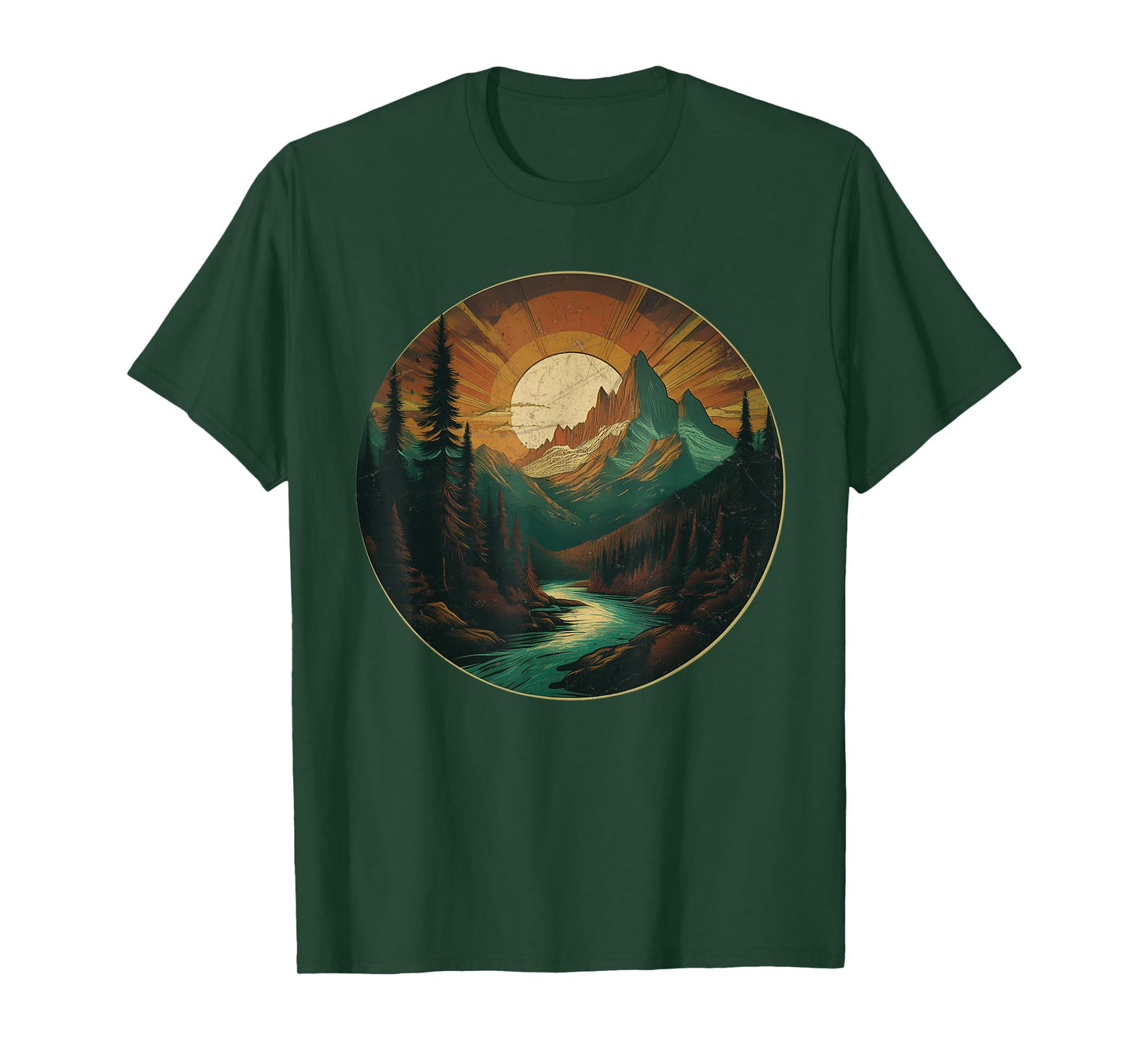 Sunset Over Mountain + Evergreen Forest Vintage Look Graphic T-Shirt