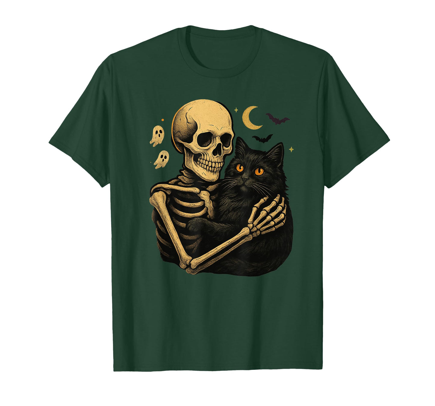 Eerie Embrace Skeleton Cat Crescent Moon Tee T-Shirt