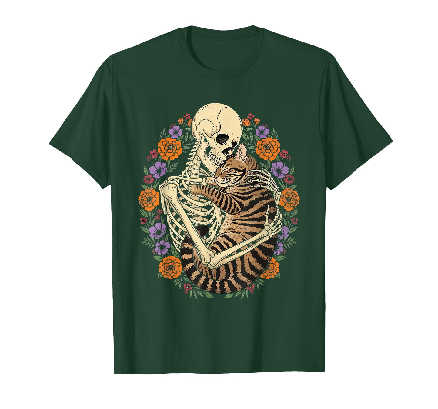 Skeleton Hugging Cat Halloween Gothic Floral Cat Lover T-Shirt