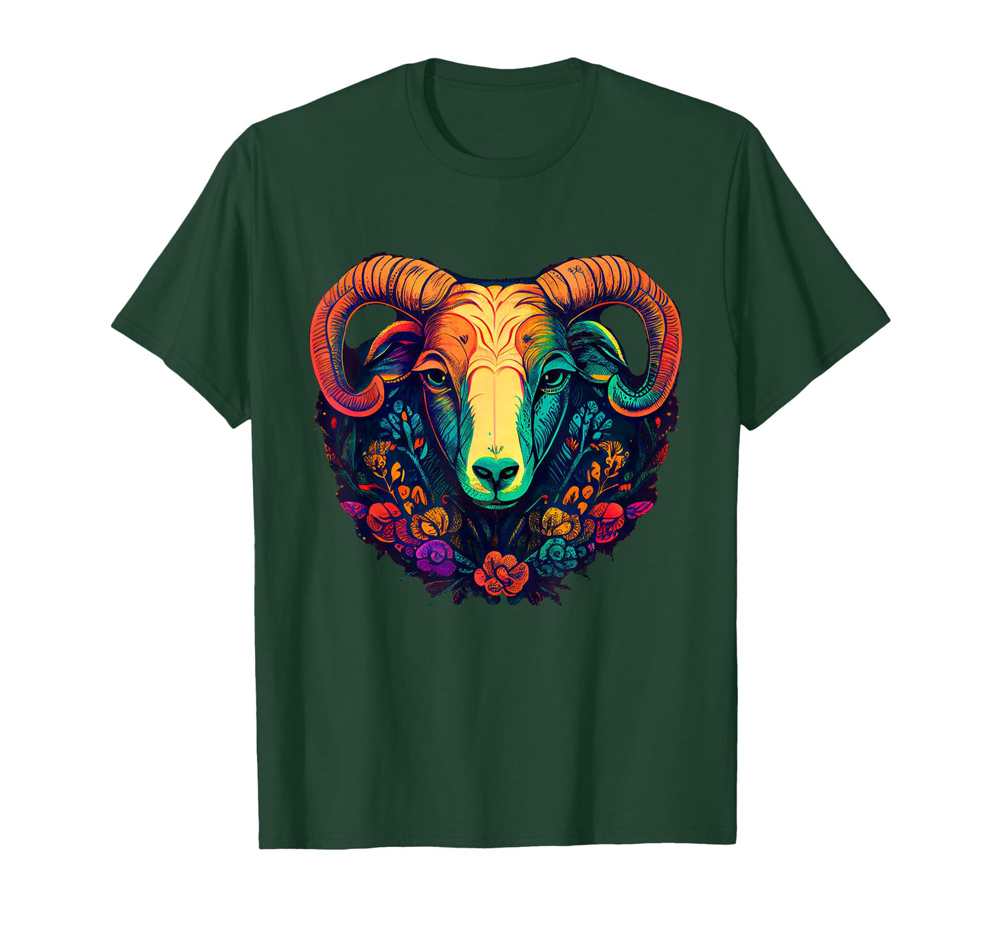 Vivid Ram Head with Floral Patterns T-Shirt