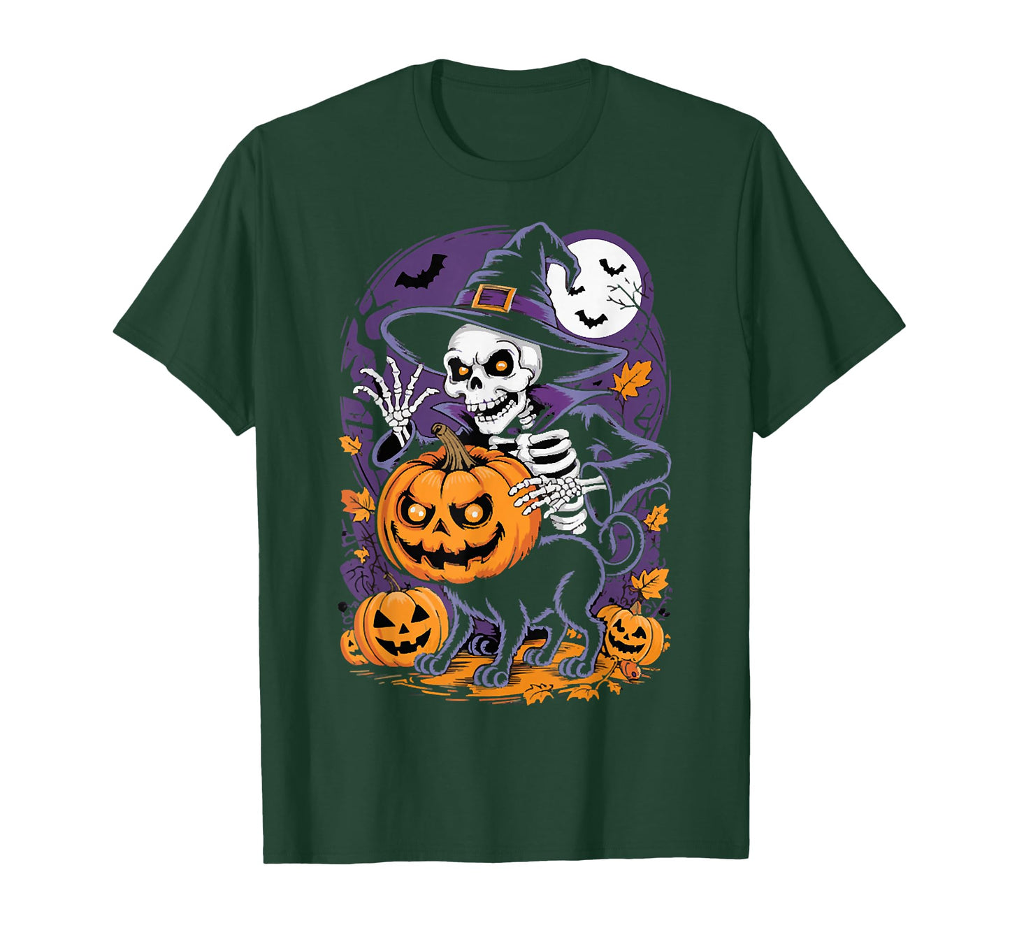 Spooky Skeleton with Jack-o'-Lanterns Cat, Happy Halloween T-Shirt